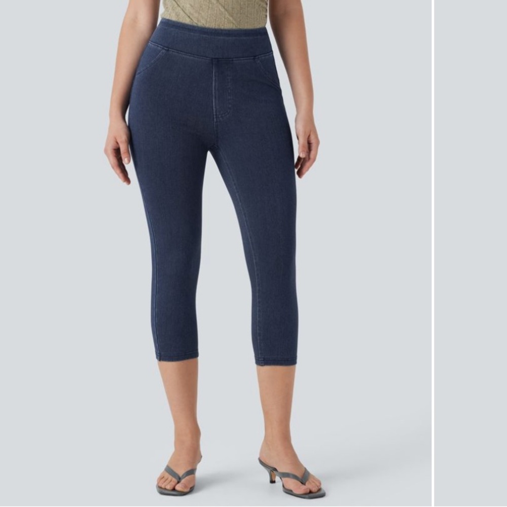 NWT Halara Flex High Waisted Dark Blue Denim Casual Leggings Capri length